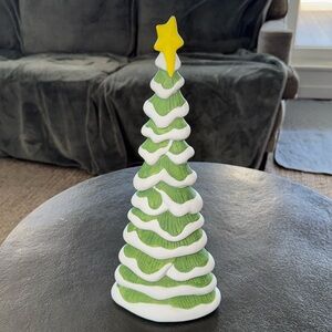 Vintage Dept 56 Village Ceramic Christmas Tree 14" Yellow Star Snow